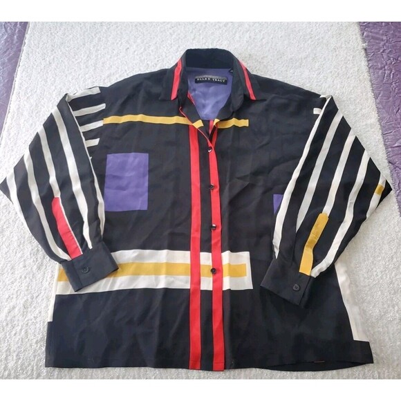 Vtg Linda Allard Ellen Tracy Sz 12(runs large)Silk Colorblock Button Down Shirt - Picture 1 of 11
